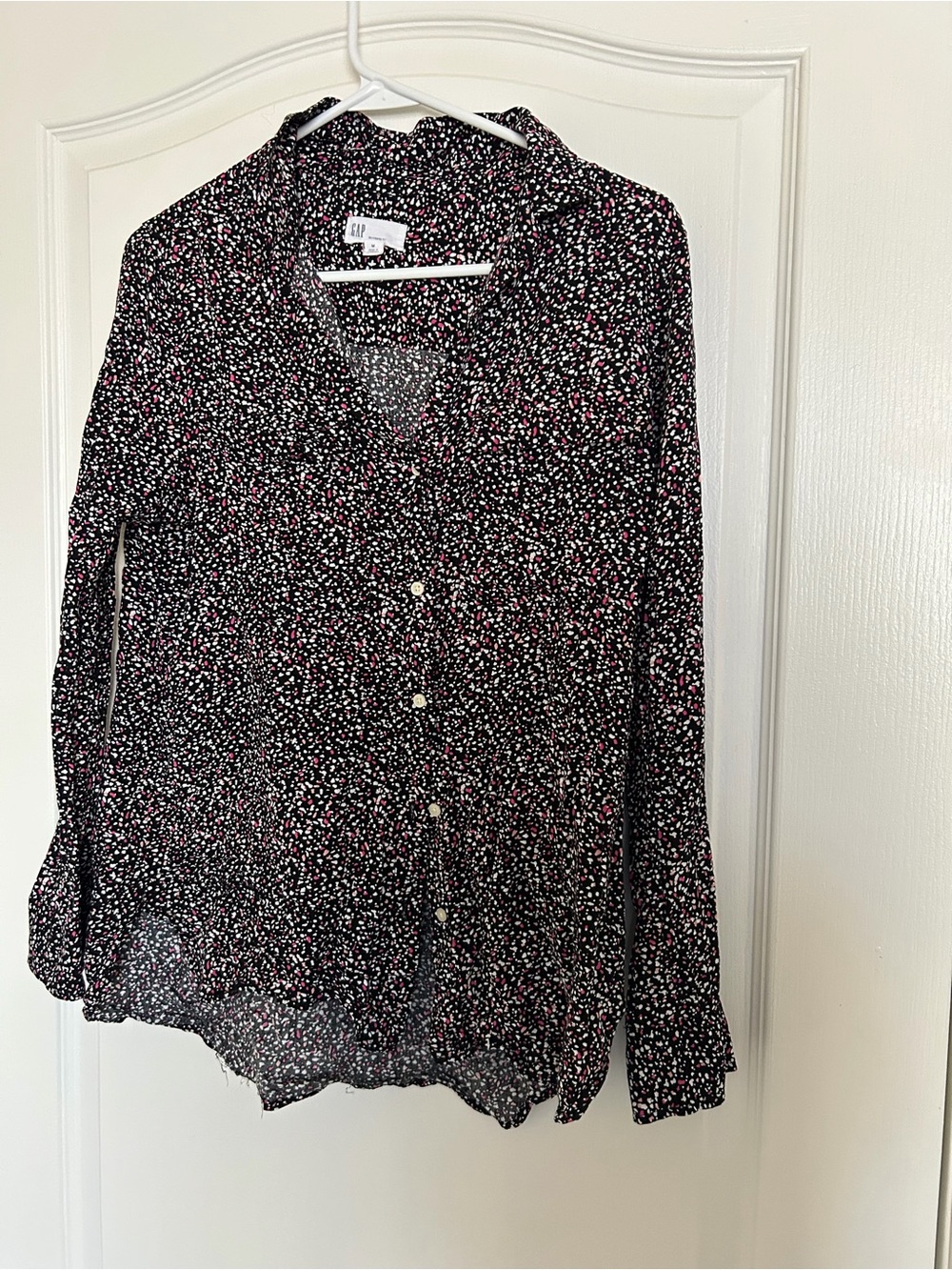 GAP Black Button-Down Shirt with Pink & White Floral Speckle